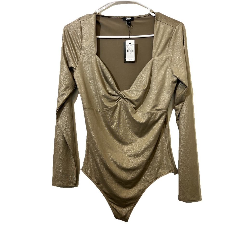 Express Body Contour Shimmer Nude Light Brown Long Sleeve Bodysuit Top Women M